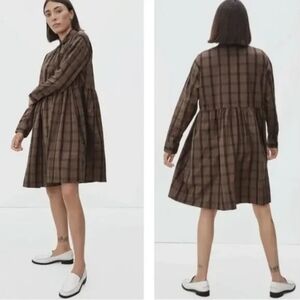 Everlane Brown Plaid Smock Babydoll Long Sleeve Shirt Dress The Field